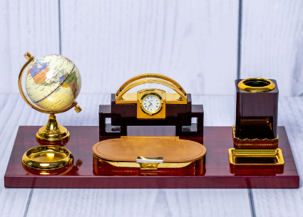 Custom laser-engraved luxury mahogany wooden executive desk organizer with world globe by Print365 Kenya