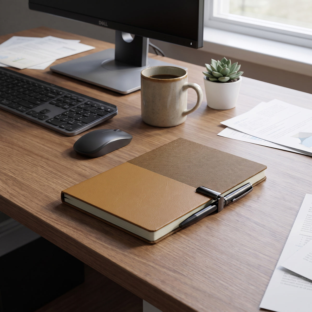 Custom debossed executive A5 dual-tone brown notebook with gunmetal clasp by Print365 Kenya