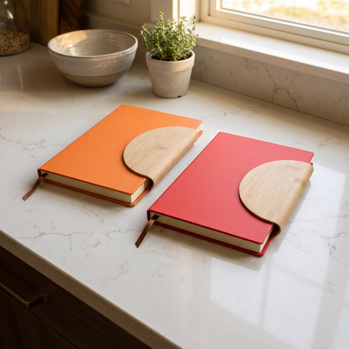 Custom branded A5 leatherette notebooks with half-moon wood flap closures in Nairobi