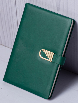 Custom laser-engraved executive A5 green leatherette notebook with stepped gold buckle strap by Print365 Kenya