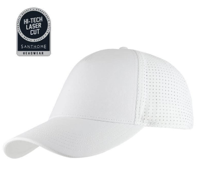 Custom embroidered imported ACE Santhome 5 panel DryNCool sports cap in white by Print365 Kenya   