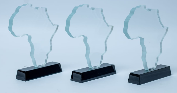 Custom laser-engraved Africa map shape crystal award trophy with black base by Print365 Kenya