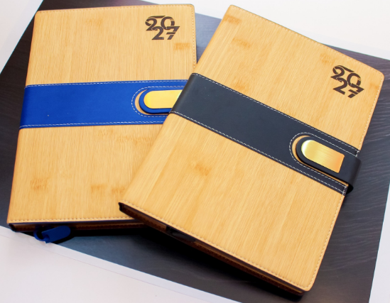 Custom Branded Executive 2027 B5 Diaries in Leatherette, Bamboo &amp; Wood