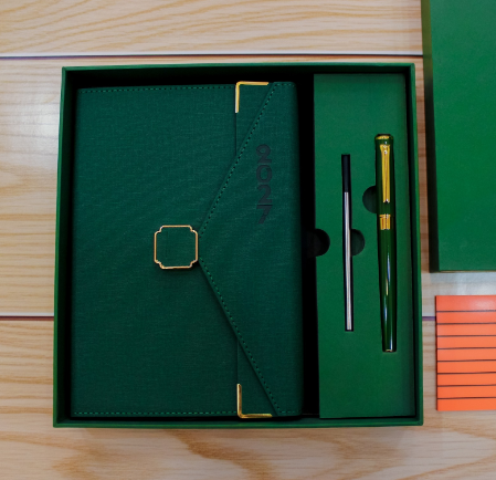Custom debossed 2027 A5 executive diary gift set with matching pen in emerald green by Print365 Kenya