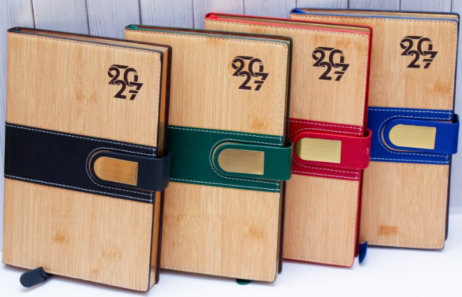 Custom Branded Executive 2027 A5 Diaries in Leatherette, Bamboo &amp; Wood