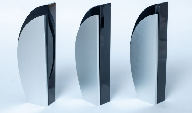 Custom laser-engraved piano black and brushed silver curved sail award trophy by Print365 Kenya