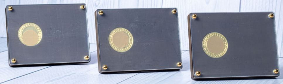 Custom laser-engraved dark charcoal slate plaque award with gold corner screws and laurel wreath medallion by Print365 Kenya