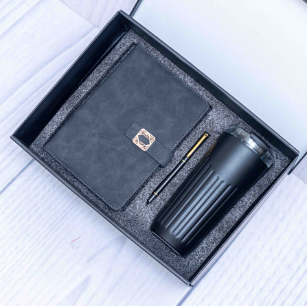 Custom laser-engraved executive 3-in-1 corporate gift set in black with grooved travel tumbler by Print365 Kenya