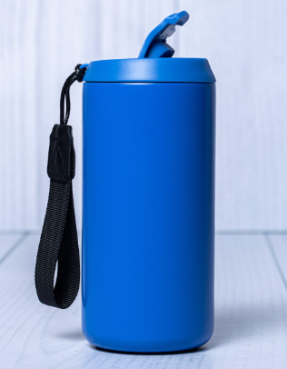 Custom laser-engraved royal blue Boba stainless steel thermal flask with wrist lanyard by Print365 Kenya