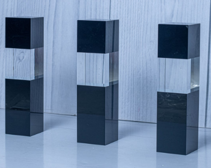 Custom laser-engraved square crystal pillar trophy with black crystal cap and base by Print365 Kenya