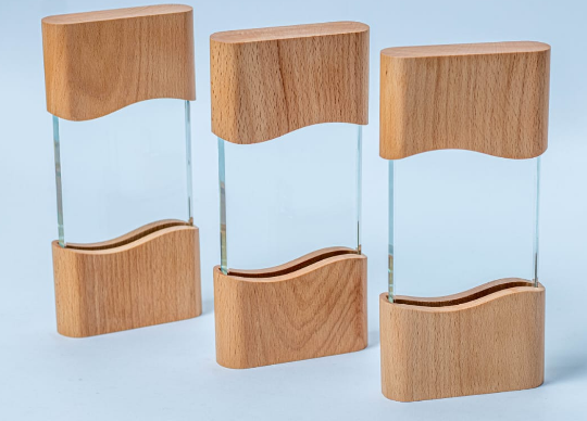 Custom laser-engraved glass award with natural wavy wood top cap and base by Print365 Kenya
