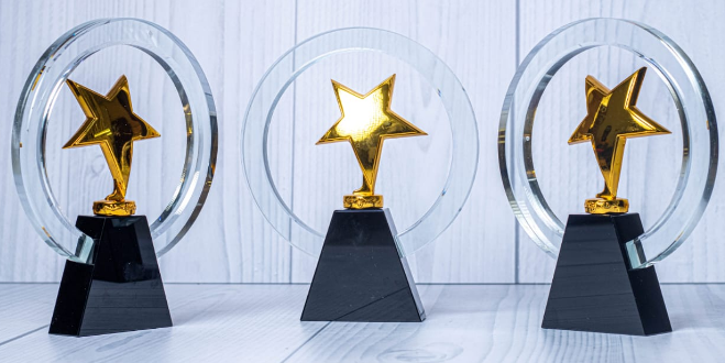 Custom laser-engraved 3D gold star crystal halo award trophy with black base by Print365 Kenya