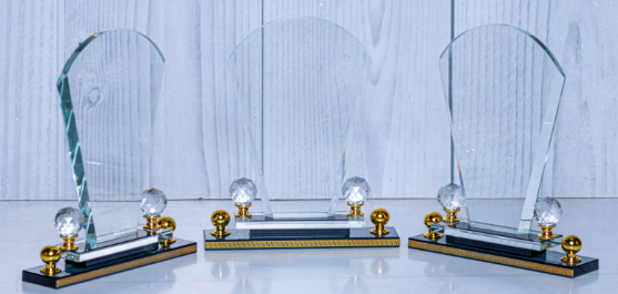 Custom laser-engraved arched crystal award trophy with gold post accents and gem spheres by Print365 Kenya