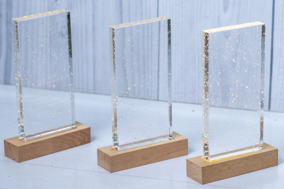 Custom laser-engraved bubble crystal award with natural wood base by Print365 Kenya