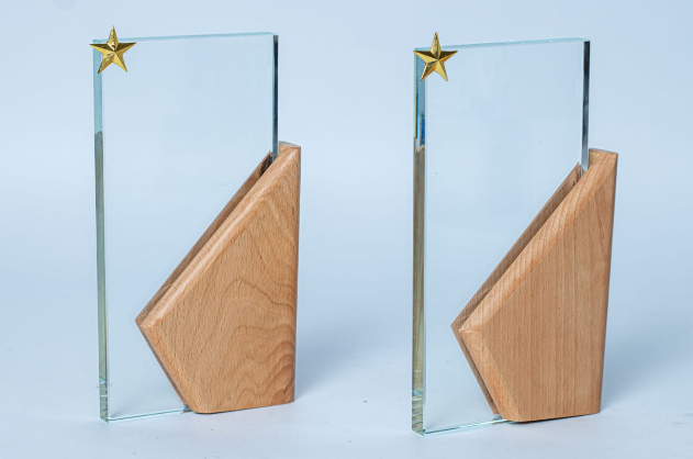 Custom laser-engraved rectangular glass award with natural wood base and gold star accent by Print365 Kenya