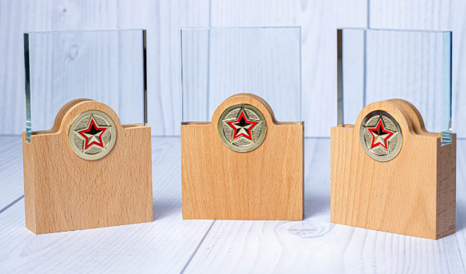 Custom laser-engraved rectangular glass award with natural wood block base and star medallion by Print365 Kenya