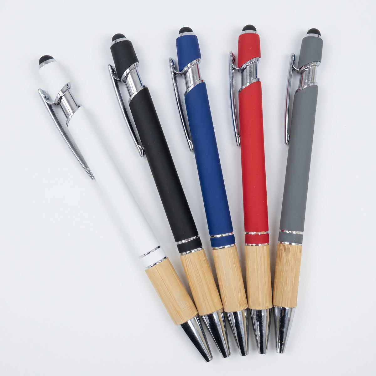 Custom laser-engraved bamboo wood and metal stylus pens with silver chrome trim by Print365 Kenya