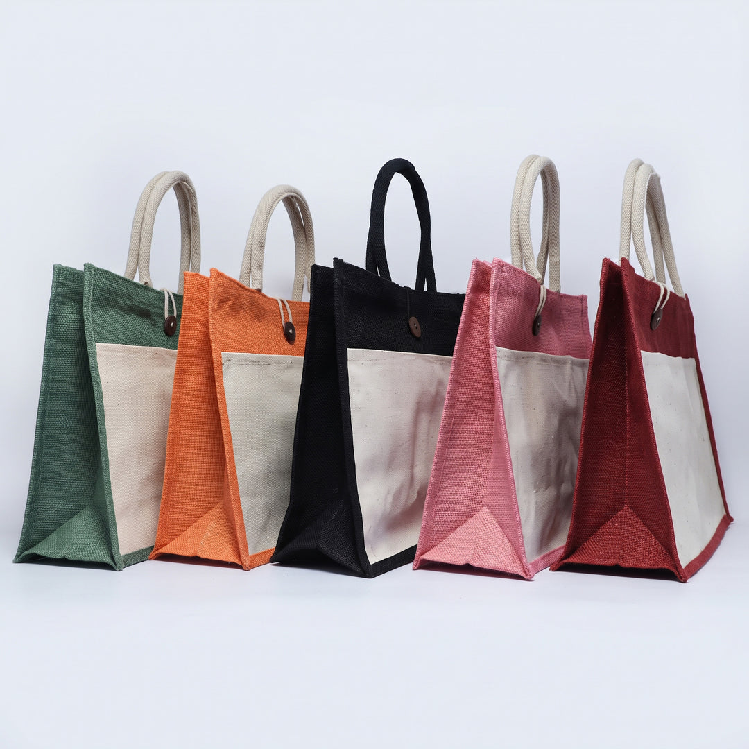 Custom screen-printed A4 colourful jute and white pocket buttoned bag by Print365 Kenya