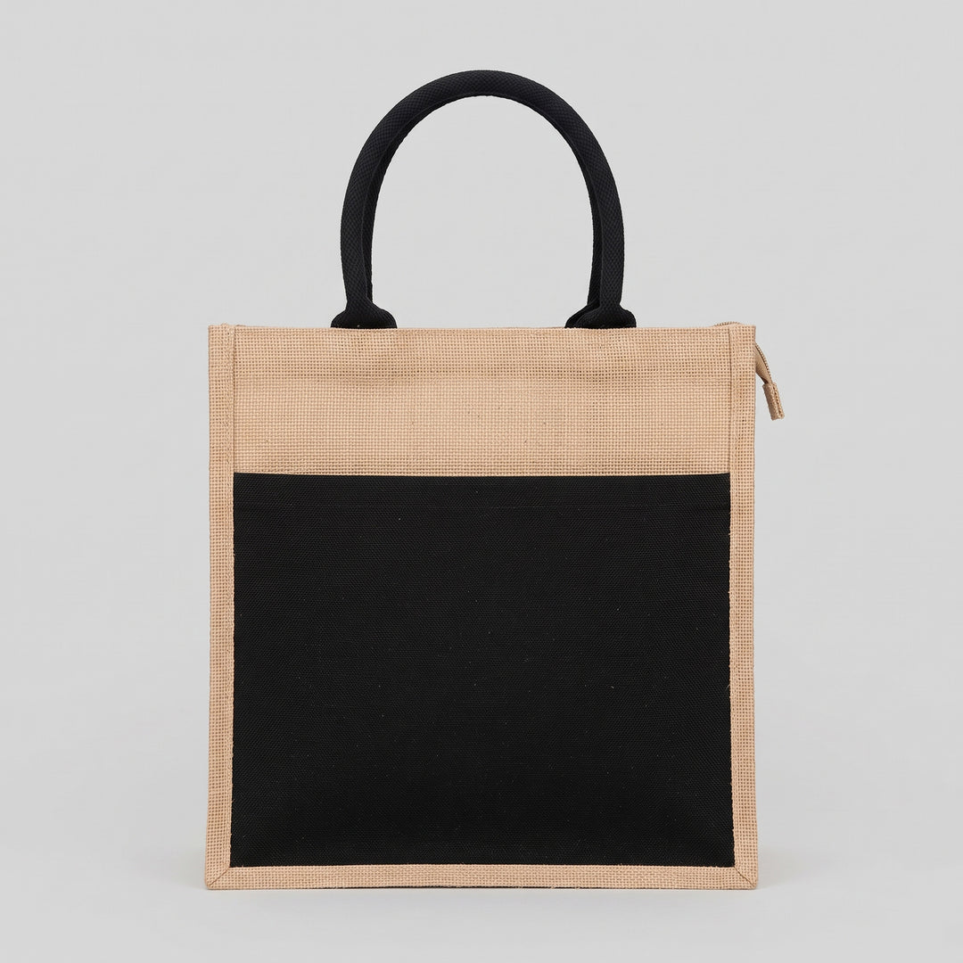 Natural burlap vertical A4 portrait jute bag with black canvas front pocket and top zipper priced at Ksh 1000 in Nairobi