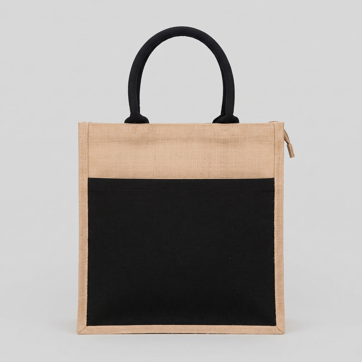 Natural burlap vertical A4 portrait jute bag with black canvas front pocket and top zipper priced at Ksh 1000 in Nairobi