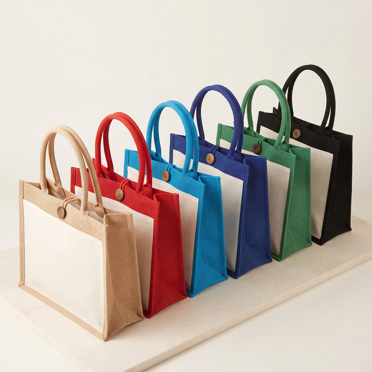 Custom screen-printed A4 portrait high pocket buttoned jute bag by Print365 Kenya
