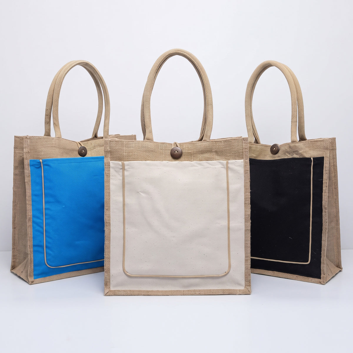 Eco-friendly A4 vertical portrait jute bag with piped canvas front pocket and wooden button priced at Ksh 1000 in Nairobi