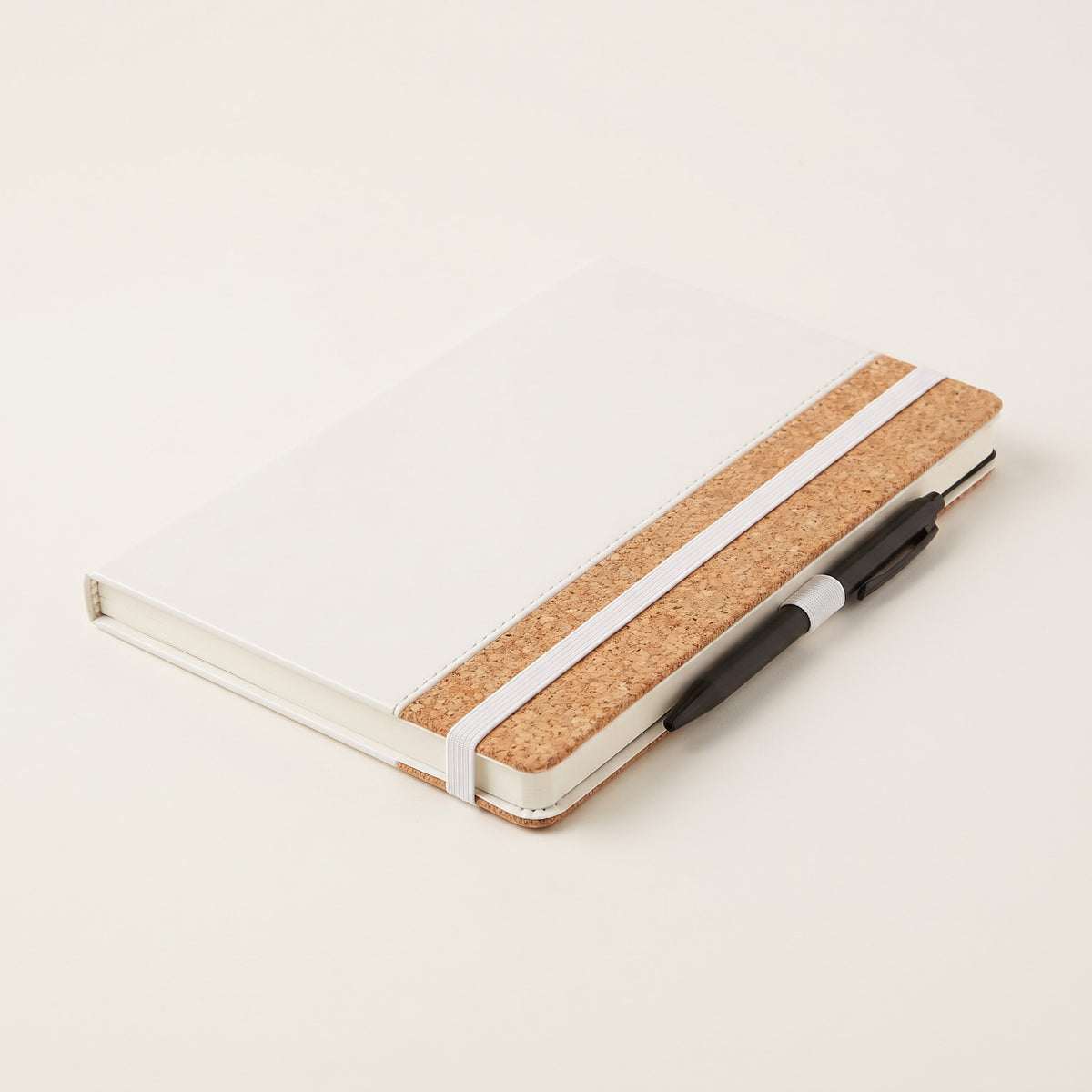 Custom printed eco-friendly A5 white leatherette notebook with natural cork trim strip by Print365 Kenya