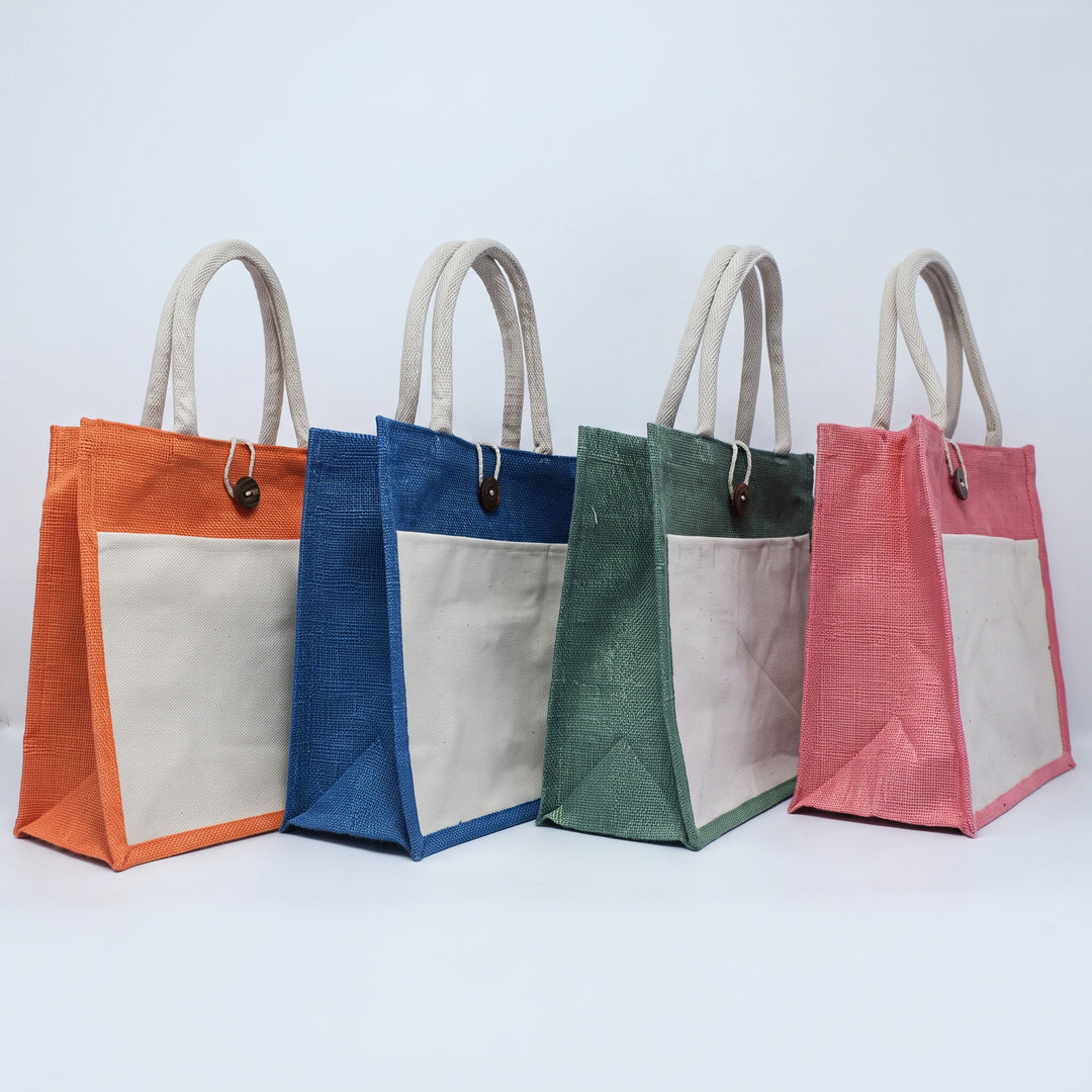 Eco-friendly mid-size B5 colourful jute tote bag with white front pocket priced at Ksh 800 in Nairobi