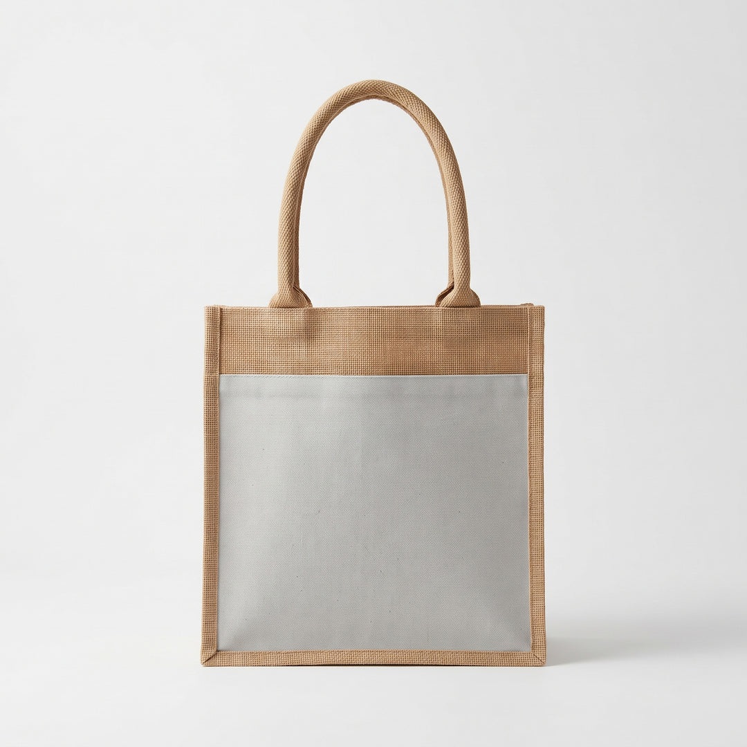 Natural burlap compact A5 portrait jute tote bag with white canvas pocket priced at Ksh 700 in Nairobi