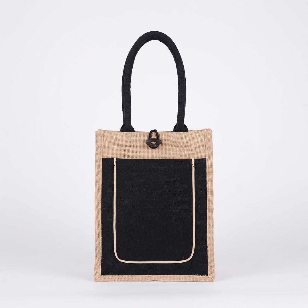 Custom screen-printed A5 trimmed black pocket buttoned jute bag by Print365 Kenya