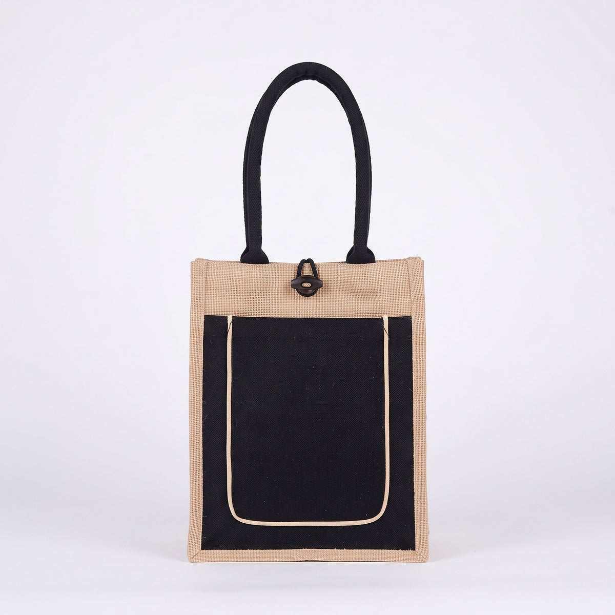 Custom screen-printed A5 trimmed black pocket buttoned jute bag by Print365 Kenya