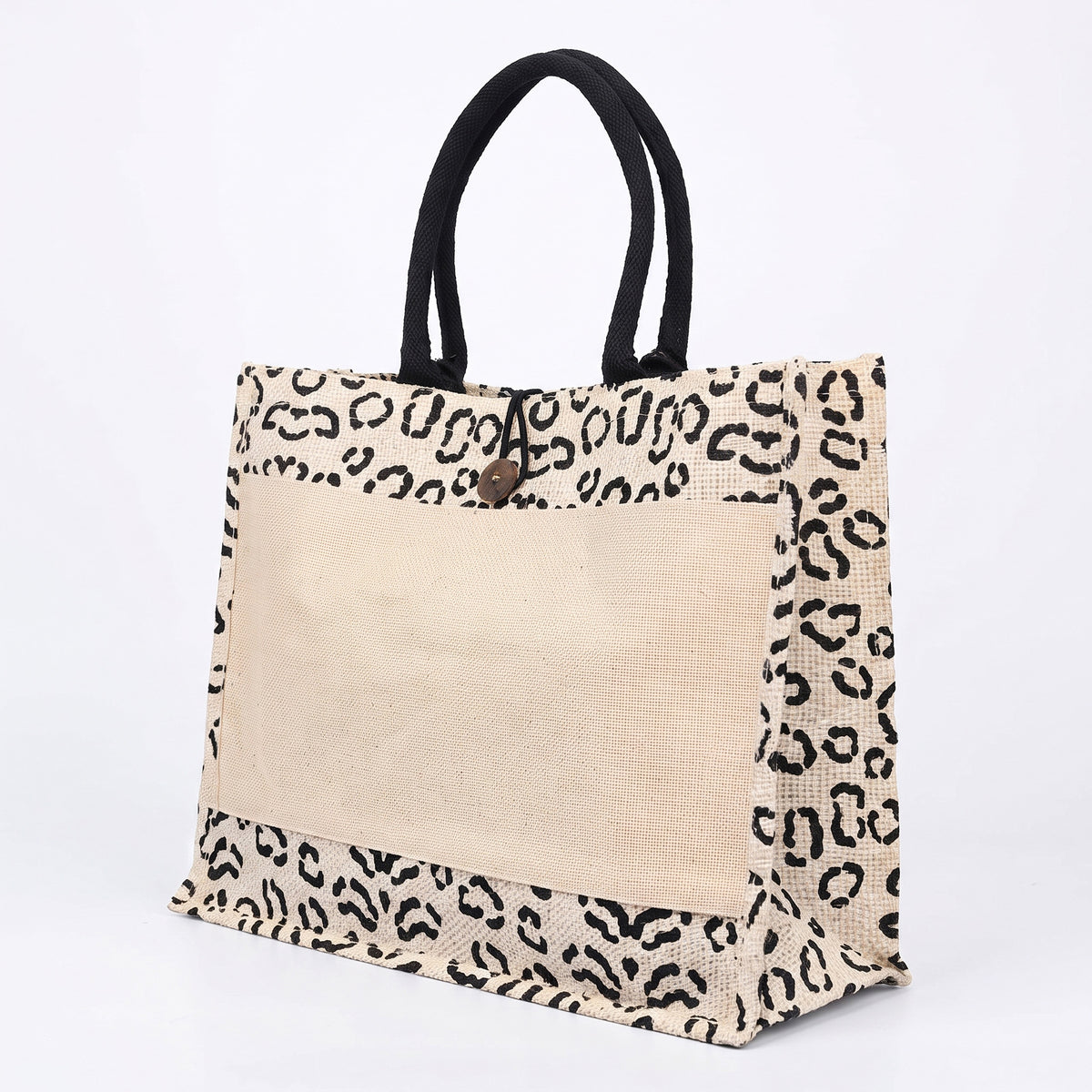 Custom screen-printed A3 black leopard print buttoned jute and canvas bag by Print365 Kenya