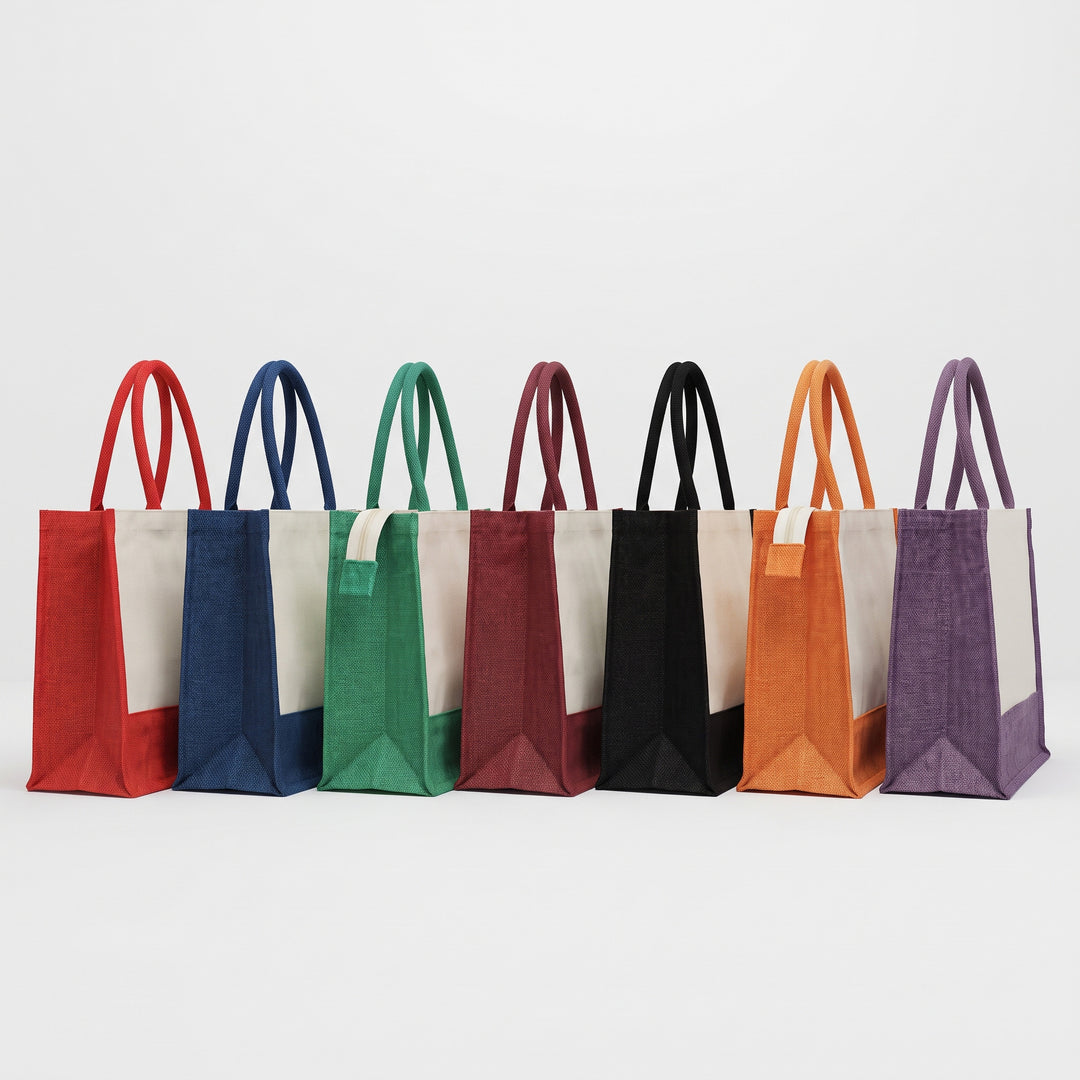 Custom screen-printed A3 colourful zipped jute and canvas tote bag by Print365 Kenya