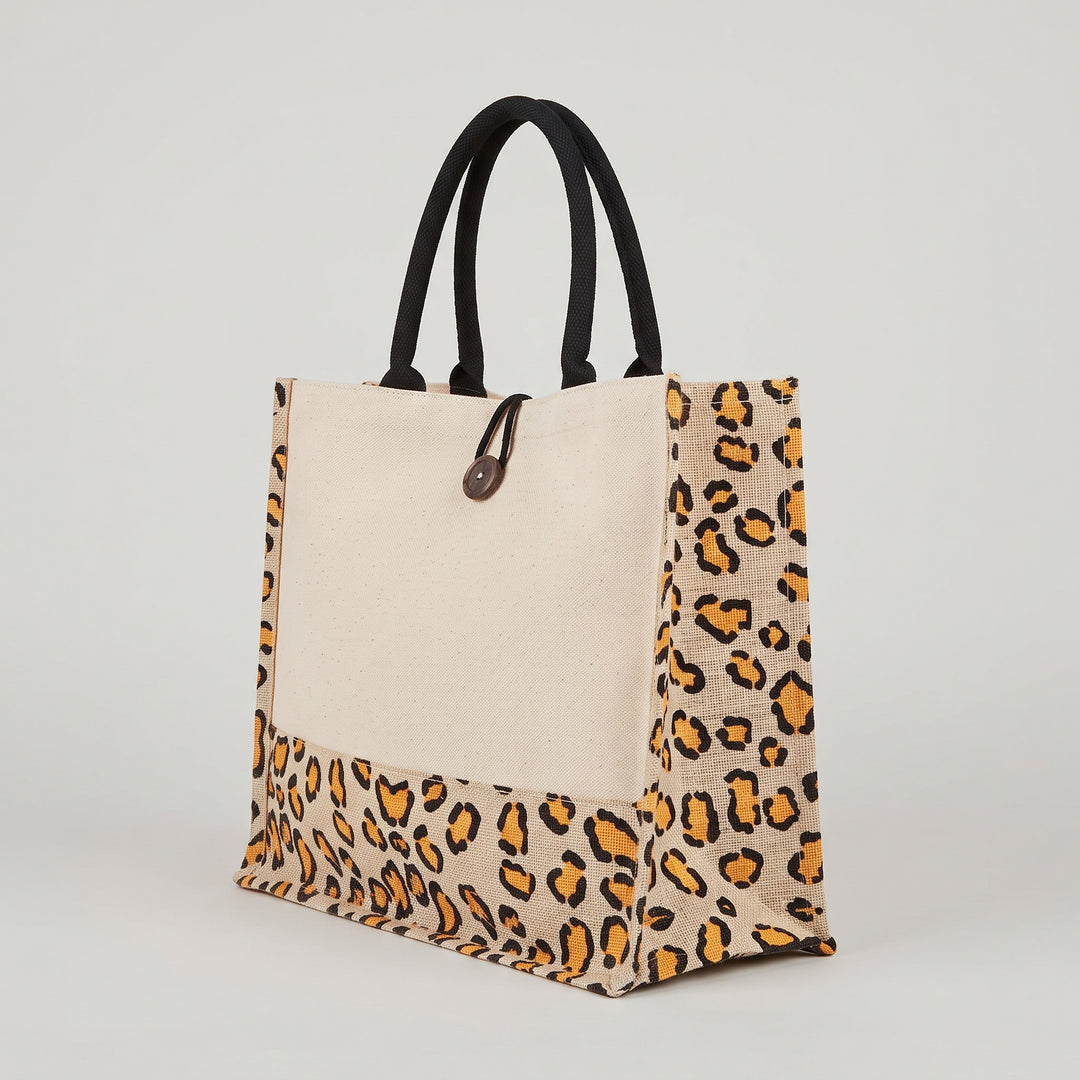 Custom screen-printed extra large A3 leopard print buttoned jute and canvas bag by Print365 Kenya