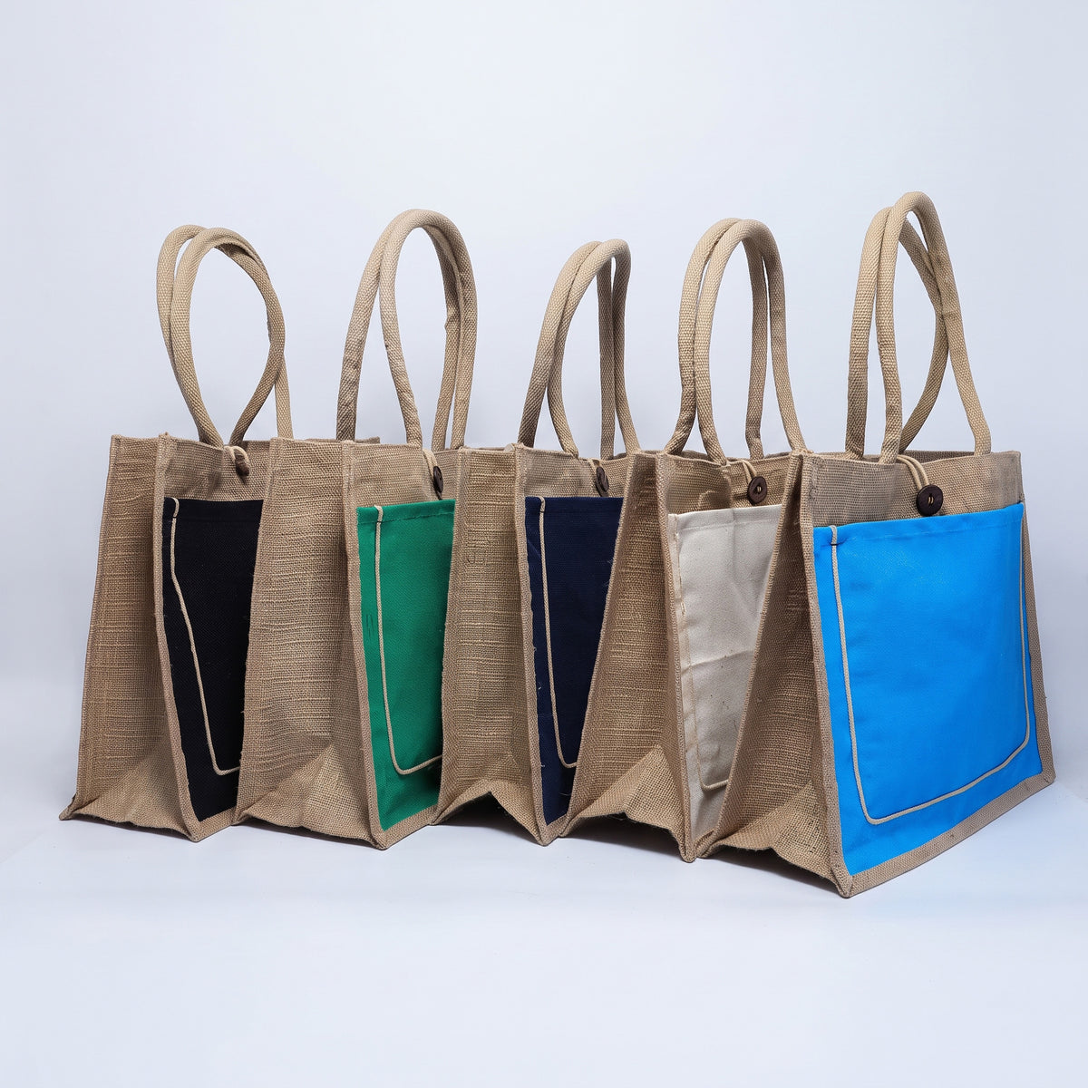 Custom screen-printed extra large A3 buttoned jute bag with trimmed pocket by Print365 Kenya