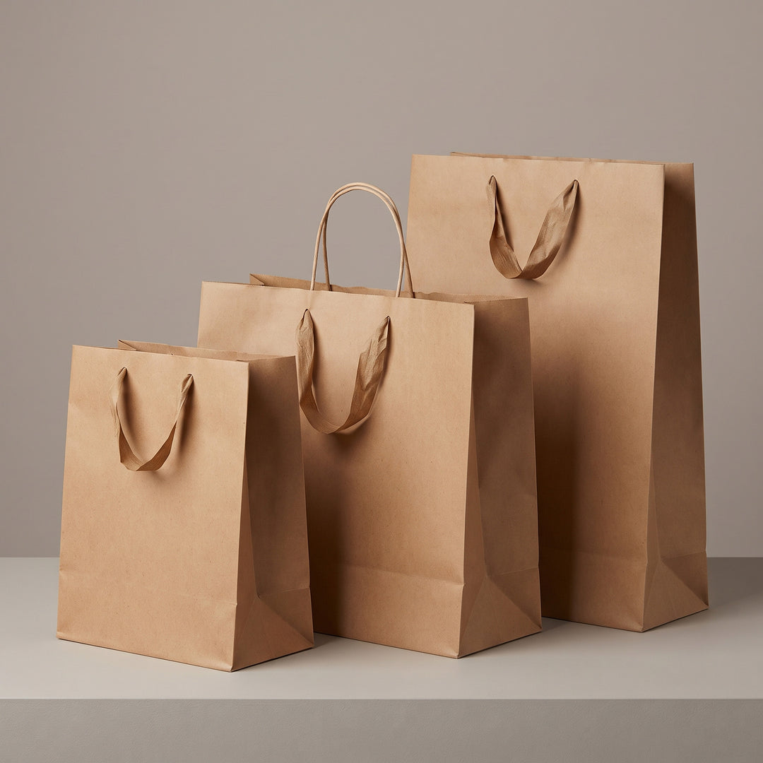 Natural brown khaki paper gift bags in B5, A4, and A3 sizes with satin ribbon handles priced from Ksh 300 in Nairobi