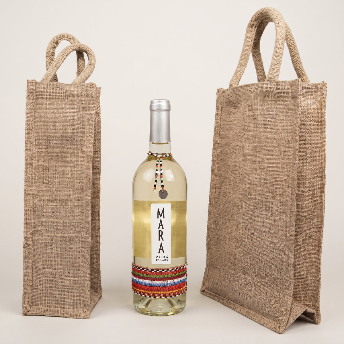 Custom screen-printed single and double bottle wine carrier jute bags by Print365 Kenya