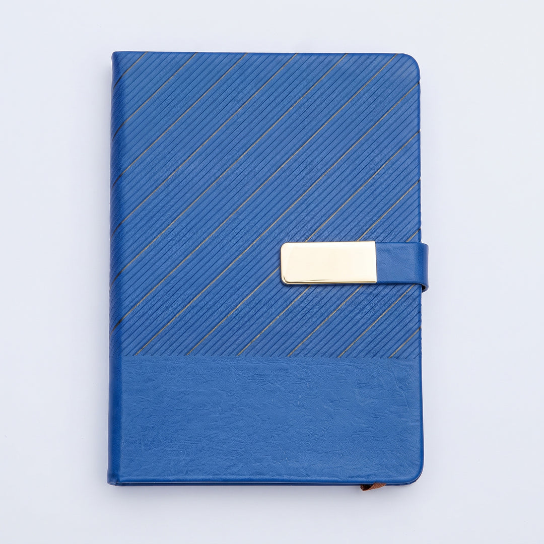 Custom laser-engraved executive A5 diagonal ribbed leatherette notebook with metal plate strap by Print365 Kenya