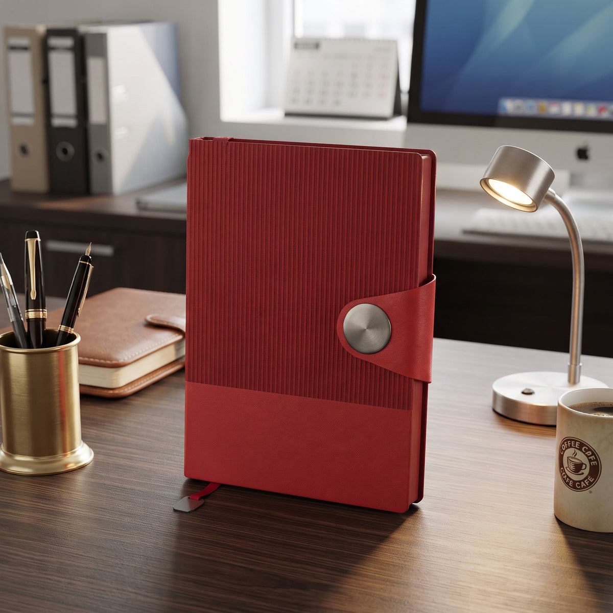 Custom laser-engraved executive A5 dual-texture notebook with circular metal emblem by Print365 Kenya