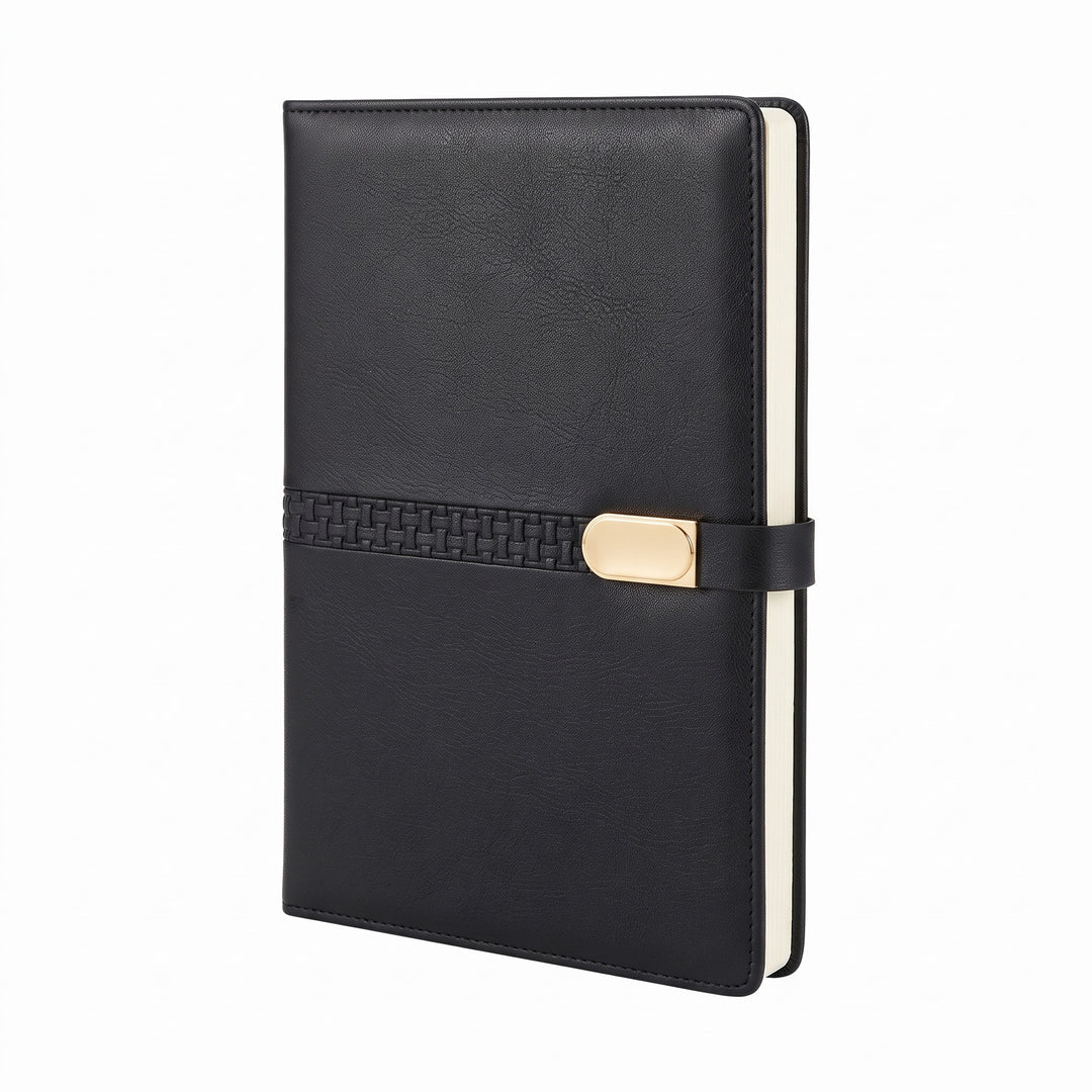 Custom debossed executive A5 leatherette notebook with woven pattern band by Print365 Kenya
