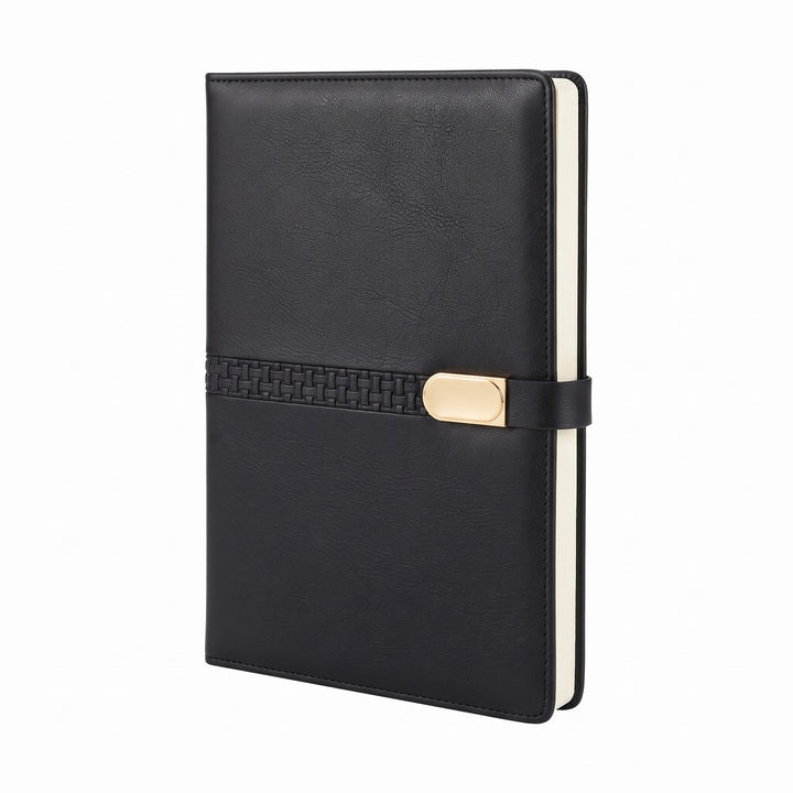 Custom debossed executive A5 leatherette notebook with woven pattern band by Print365 Kenya