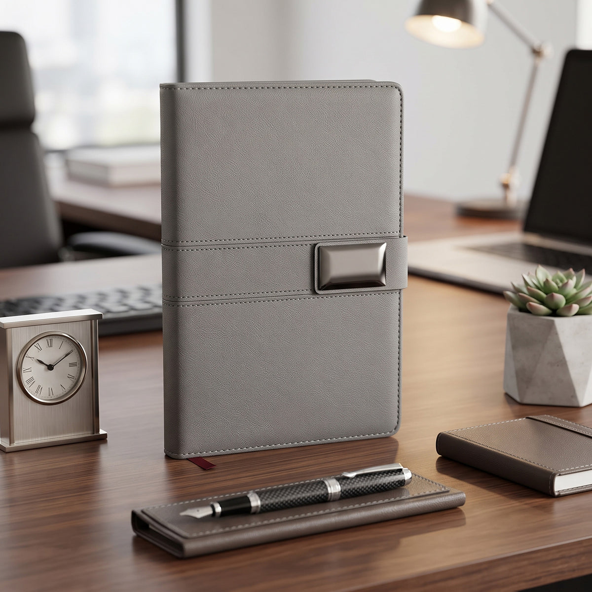 Custom laser-engraved executive A5 leatherette notebook with metal buckle strap by Print365 Kenya