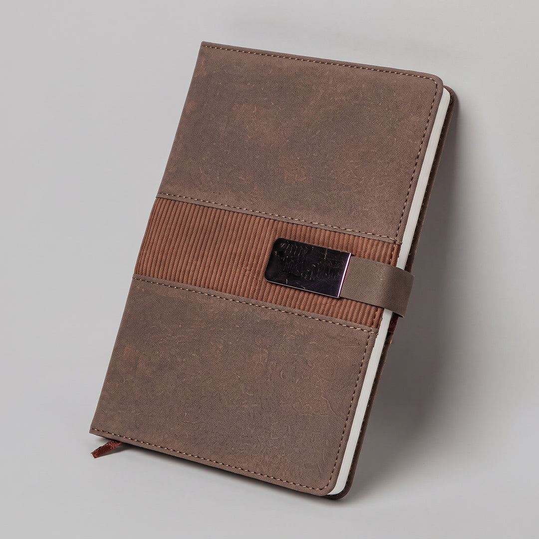 Custom laser-engraved executive A5 suede leatherette notebook with metal clip strap by Print365 Kenya