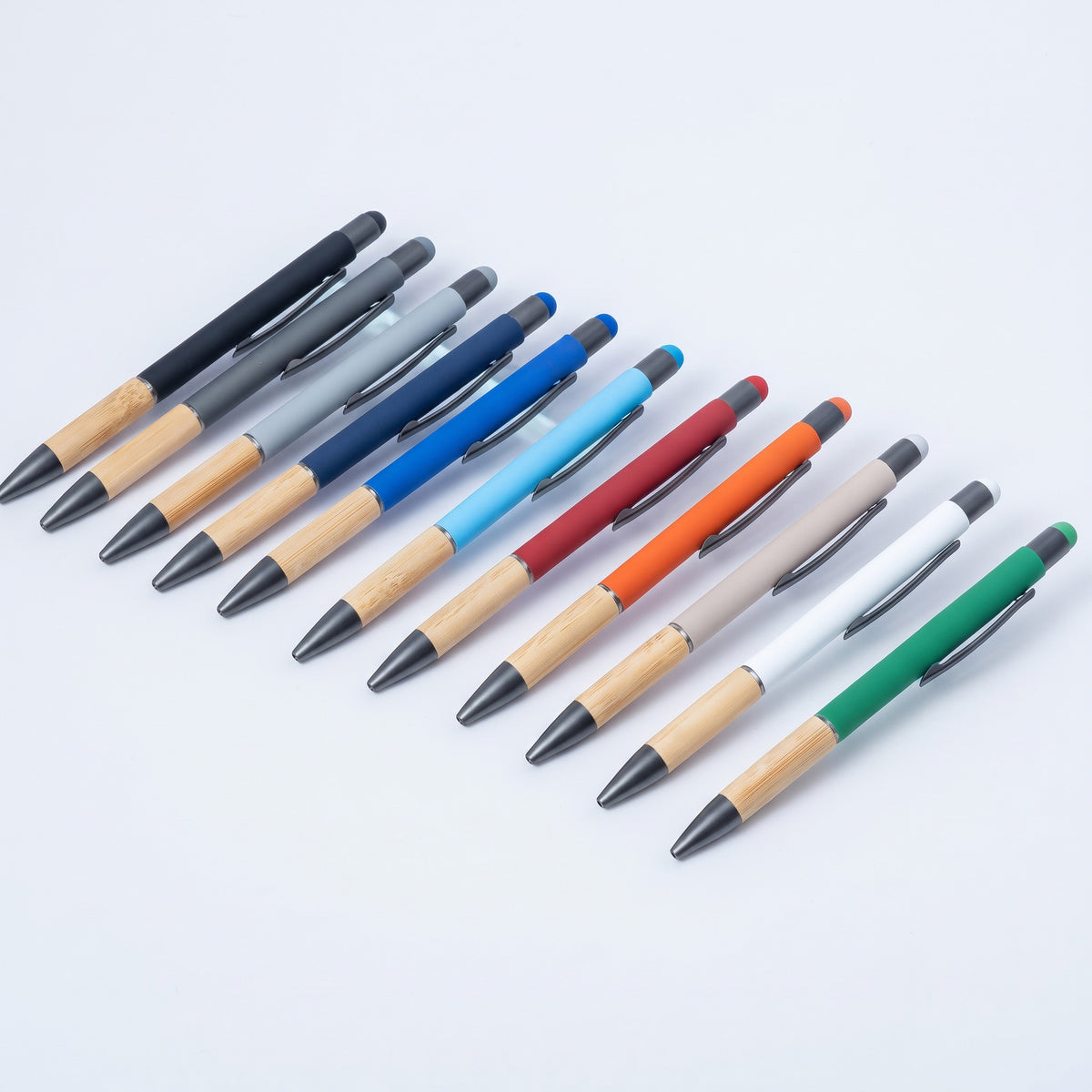 Custom laser-engraved 3-in-1 bamboo and soft-touch stylus pens by Print365 Kenya