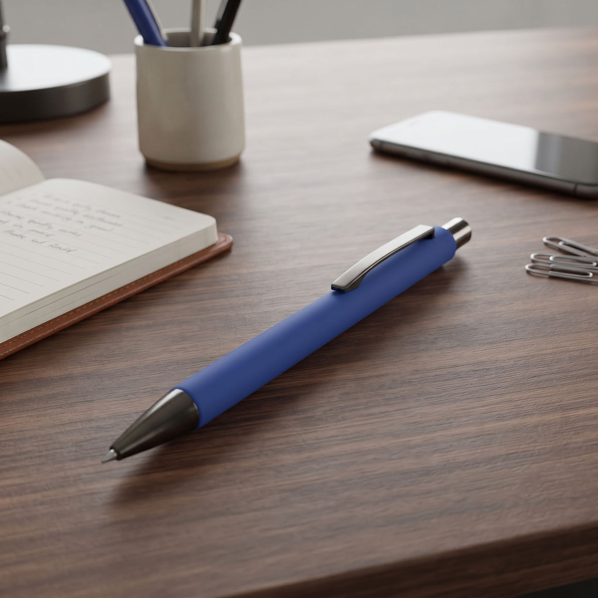 Custom laser-engraved imported BILLUND Giftology blue antibacterial metal ballpoint pen by Print365 Kenya