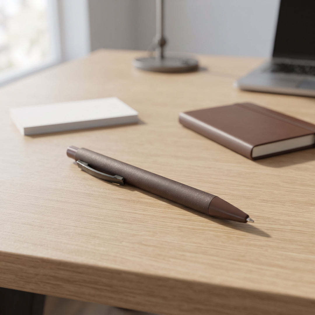 Custom screen-printed imported DEBAR coffee grounds ballpoint pen in natural dark brown by Print365 Kenya