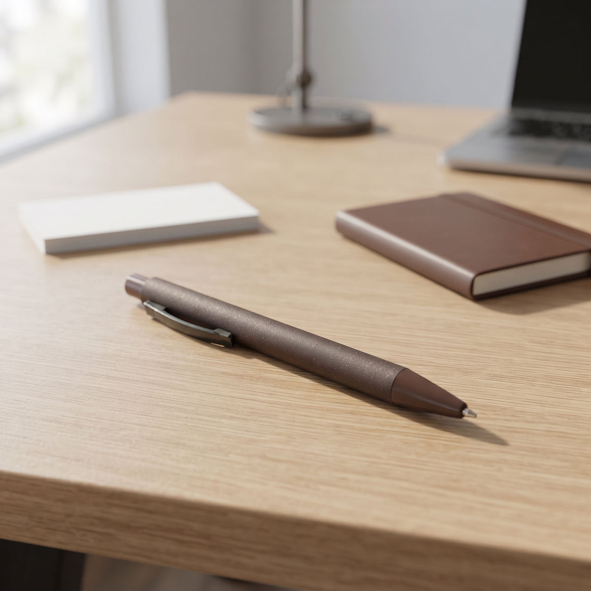 Custom screen-printed imported DEBAR coffee grounds ballpoint pen in natural dark brown by Print365 Kenya