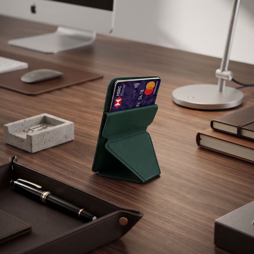 Custom screen-printed imported ODDA MagSafe magnetic card holder with phone stand in forest green by Print365 Kenya   