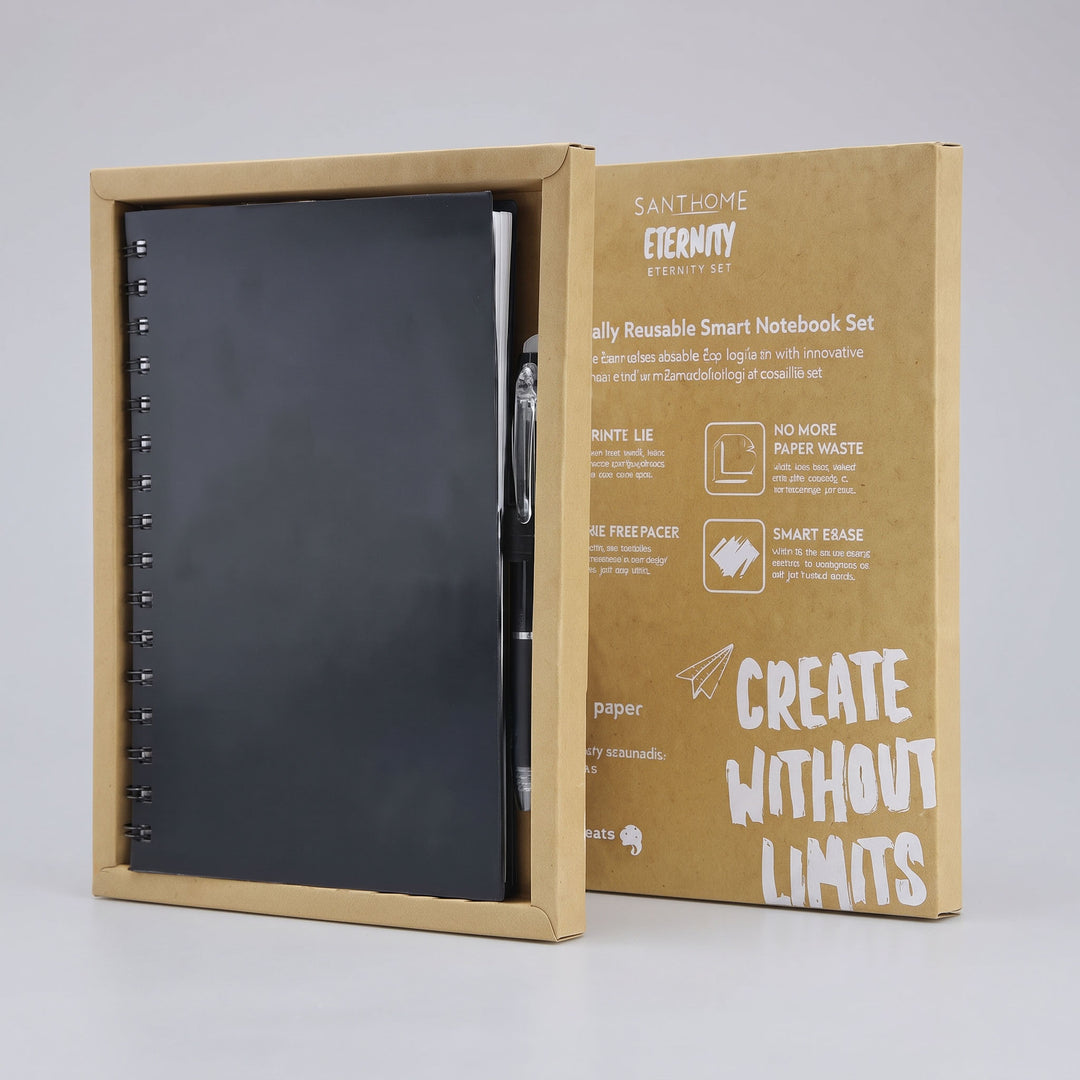 Custom screen-printed imported Santhome Eternity reusable smart notebook set in black by Print365 Kenya