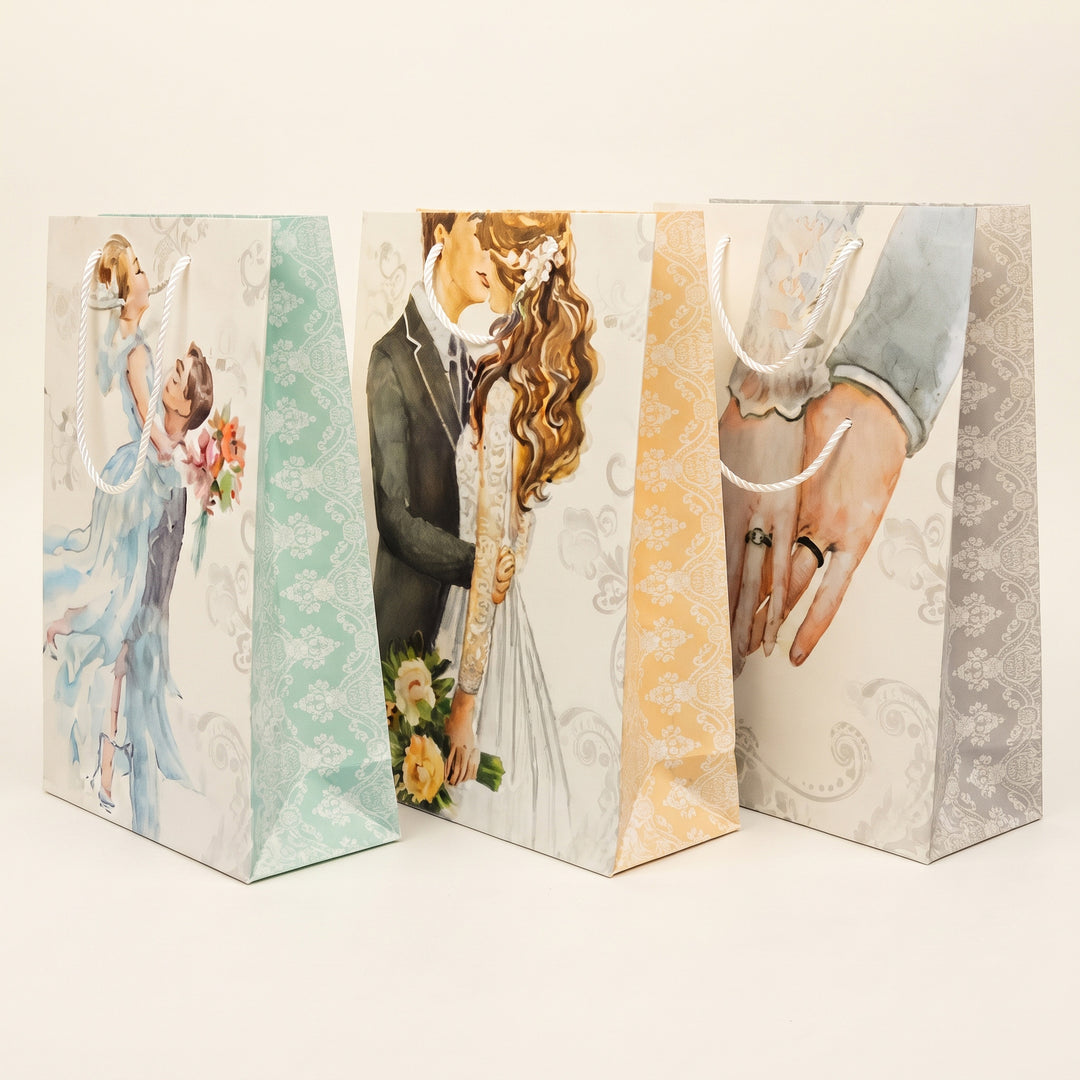 Elegant wedding themed paper gift bags in B5, A4, and A3 sizes priced from Ksh 300 in Nairobi